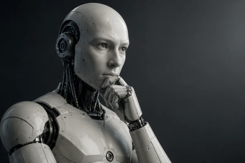 Robot humanoide en pose pensativa sobre fondo oscuro tecnológico.