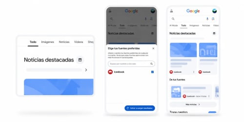Interfaz de Google mostrando Iceebook como fuente preferida en Noticias destacadas