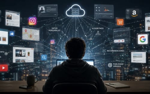 Usuario rodeado de plataformas digitales y algoritmos