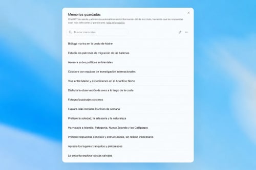 Panel de memorias guardadas en la interfaz de ChatGPT