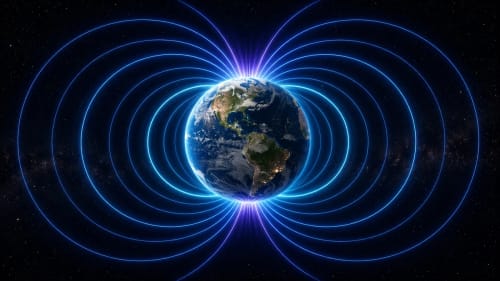 Campo magnético terrestre rodeando la Tierra en el espacio