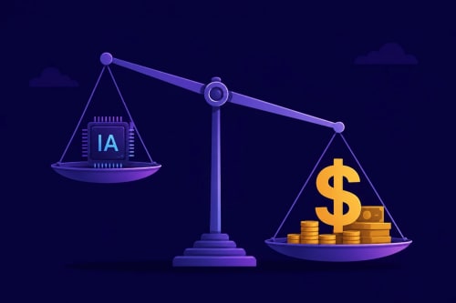 Balanza que compara los costes económicos de la inteligencia artificial con su uso empresarial