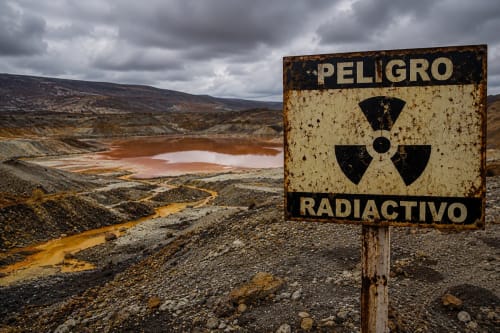 Cartel de peligro radiactivo en zona contaminada