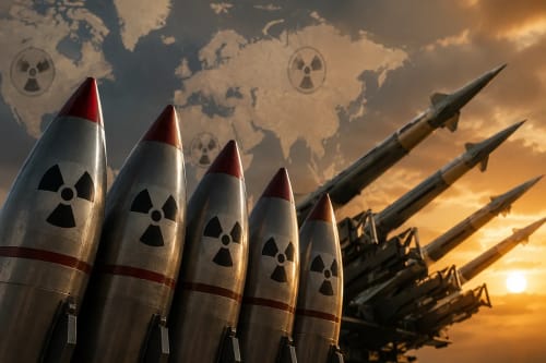 Misiles y ojivas nucleares representando el arsenal atómico mundial y la carrera armamentística en 2026