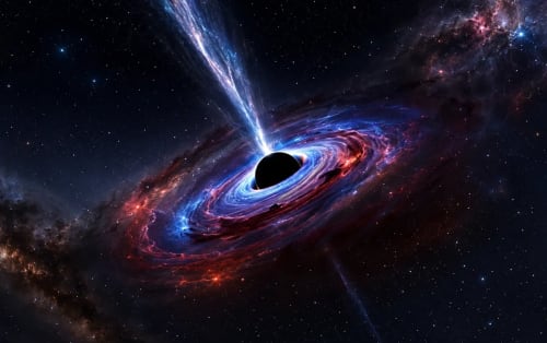Agujero negro con disco de acreción y chorros de energía.