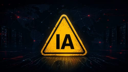 Señal de advertencia sobre IA en un entorno digital global