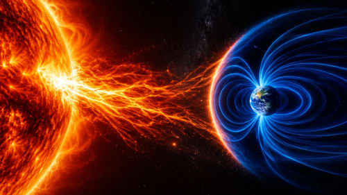 Tormenta solar impactando el campo magnético de la Tierra en el espacio