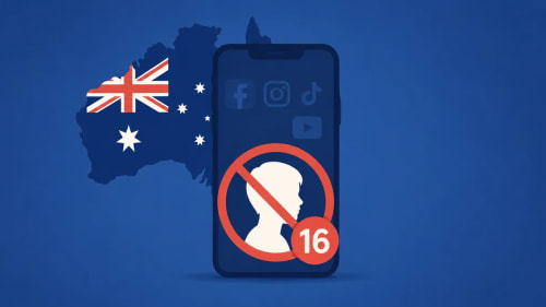 Smartphone con símbolo de prohibición para menores de 16 años junto al mapa de Australia