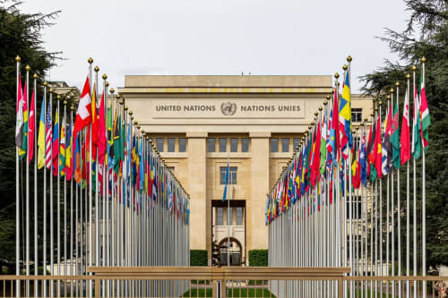 Sede de Naciones Unidas en Ginebra rodeada de banderas internacionales