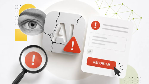 Iconos de alerta y formulario para reportar fallos de inteligencia artificial.