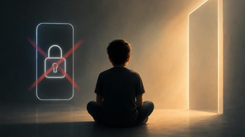 Menor ante una puerta de luz y un móvil bloqueado.