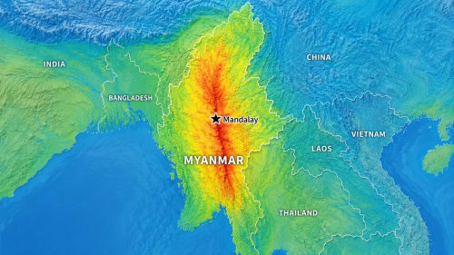 Mapa de la falla de Sagaing y epicentro del terremoto de Myanmar de 2025