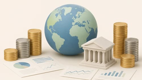 Globo terráqueo rodeado de monedas y un edificio público