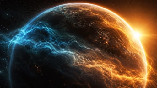 Exoplaneta con atmósfera azul y naranja iluminada por una estrella