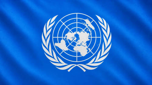 Bandera azul de la ONU con su emblema blanco