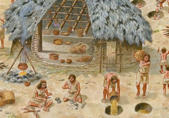 Ilustración de una comunidad de cazadores-recolectores prehistóricos, mostrando su vida diaria en una aldea con tareas como la preparación de alimentos, la construcción de herramientas y el almacenamiento de recursos