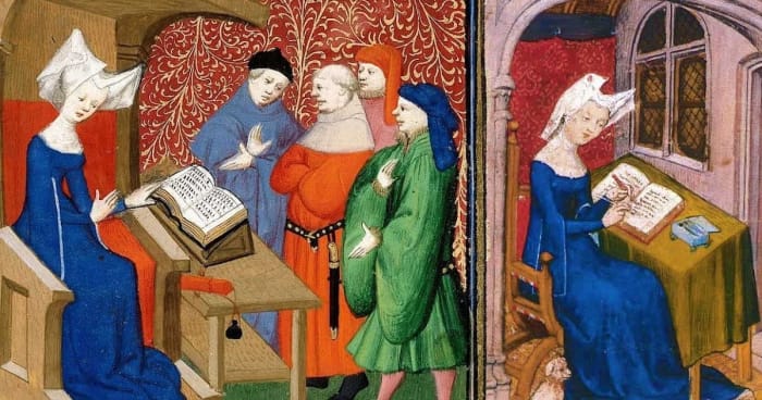 Mujer leyendo y escribiendo en la Edad Media, representando el acceso limitado de las mujeres a la educación