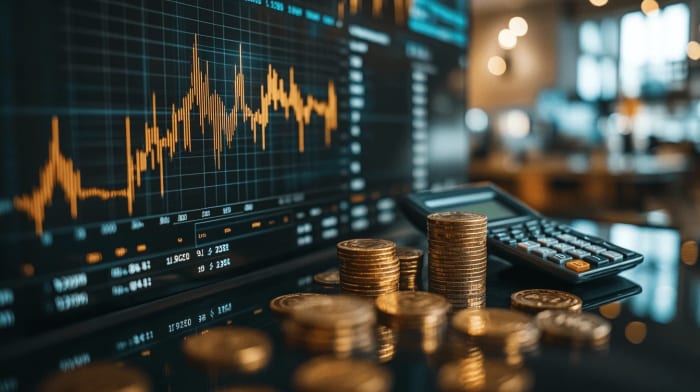 Monedas y calculadora frente a gráficos financieros