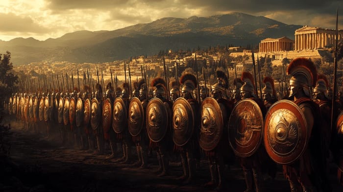 Filas de guerreros espartanos en formación con escudos y lanzas