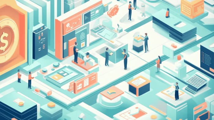 Ilustración que destaca interacciones económicas y variables dentro de un mercado reducido.