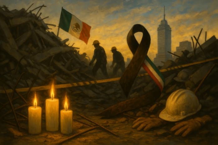 Pintura digital del terremoto de México de 1985 con edificios derrumbados y brigadistas rescatando víctimas