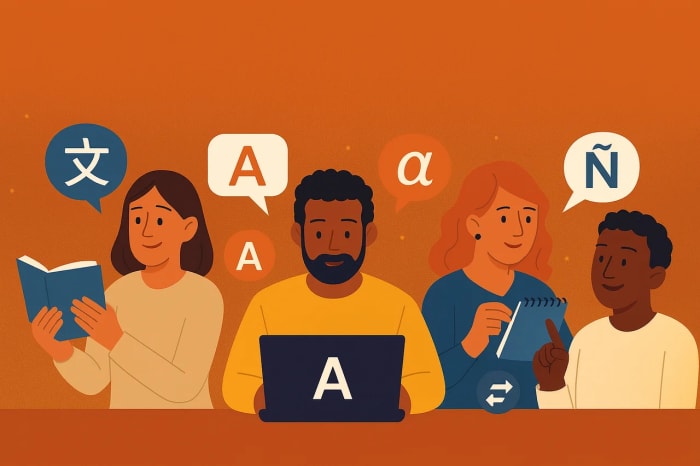 Cuatro personas con símbolos de distintos idiomas sobre fondo naranja