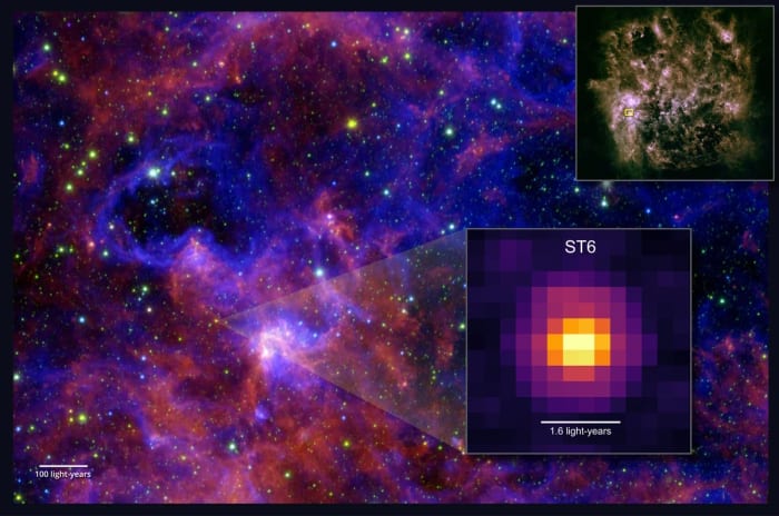 Imagen infrarroja del telescopio James Webb que muestra la protoestrella ST6 en la Gran Nube de Magallanes, rodeada de hielo con moléculas orgánicas complejas