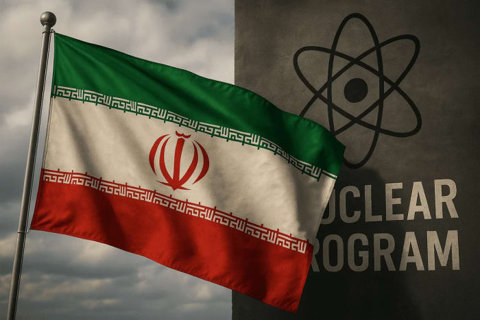 Bandera de Irán ondeando junto al símbolo nuclear, representando el programa atómico del país