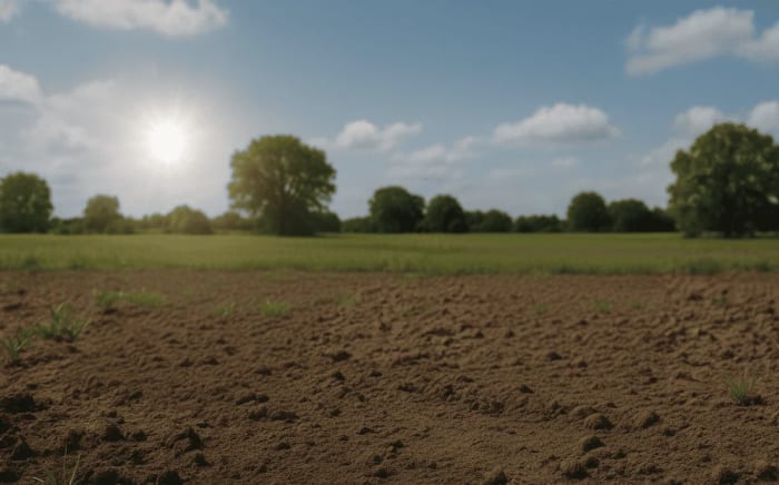 Primer plano de un suelo seco bajo el sol en un campo agrícola con árboles al fondo
