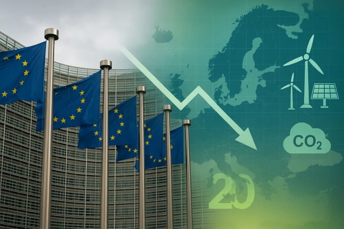 Banderas de la Unión Europea frente a la Comisión Europea junto a gráficos que muestran la reducción de emisiones de CO2 y el aumento de energías renovables