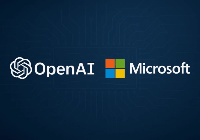 Logotipos de OpenAI y Microsoft sobre un fondo azul que simboliza su colaboración en inteligencia artificial y computación en la nube