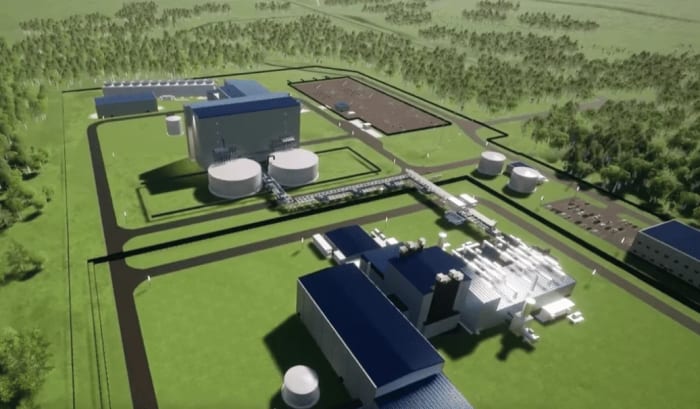 Maqueta digital del proyecto Natrium, mostrando la disposición de las instalaciones nucleares y de almacenamiento térmico en un entorno verde