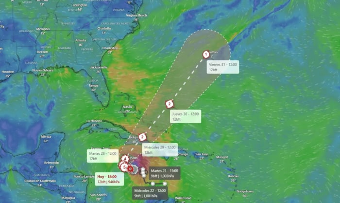 Trayectoria pronosticada del huracán Melissa sobre el Caribe