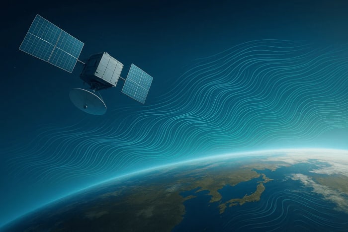 Ilustración horizontal de una constelación de satélites midiendo vientos 3D sobre la Tierra