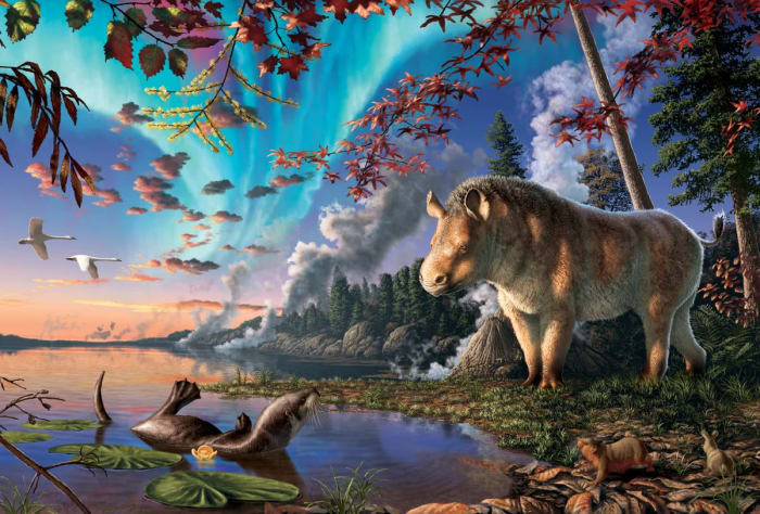 Ilustración científica de Epiaceratherium itjilik en un bosque con lago de la Isla Devon