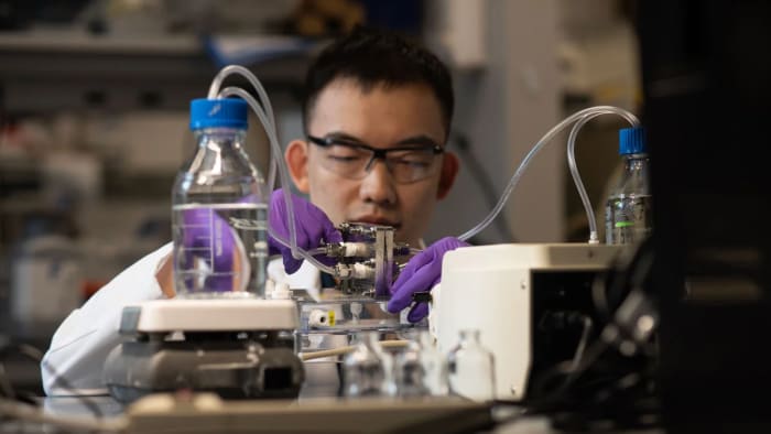 Lin Du, estudiante de doctorado en Princeton, realiza una prueba de electrólisis de hidrógeno utilizando aguas residuales recuperadas en un laboratorio universitario