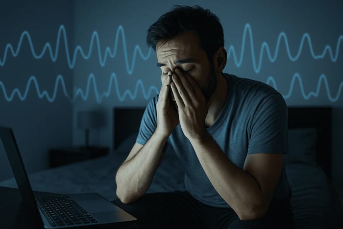 Hombre cansado sentado en la cama frente a un portátil, frotándose el rostro por falta de sueño