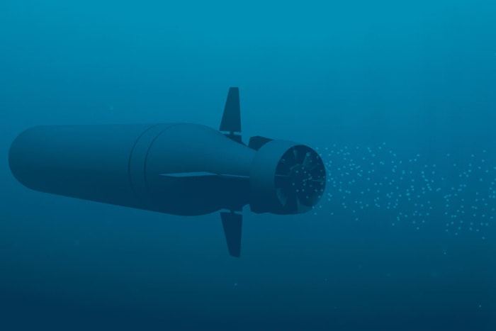 Ilustración del supertorpedo nuclear ruso Poseidón, bajo el agua, con hélice trasera y burbujas en su estela
