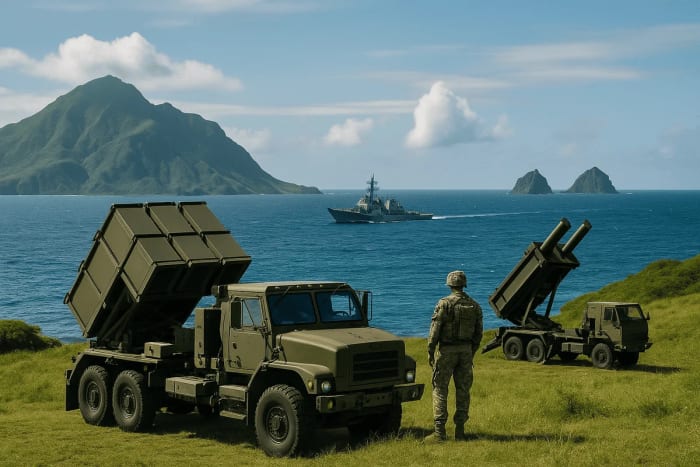 Ilustración representativa de tropas y vehículos militares desplegados en el norte de Filipinas, cerca del mar de Batanes.