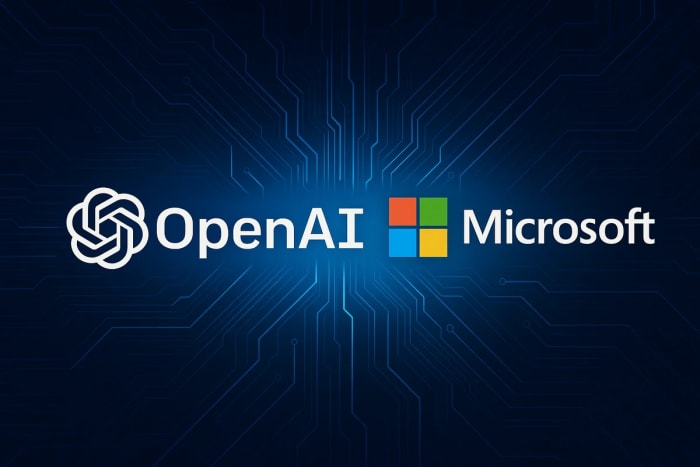 Ilustración digital que muestra los logotipos de OpenAI y Microsoft sobre un fondo tecnológico azul