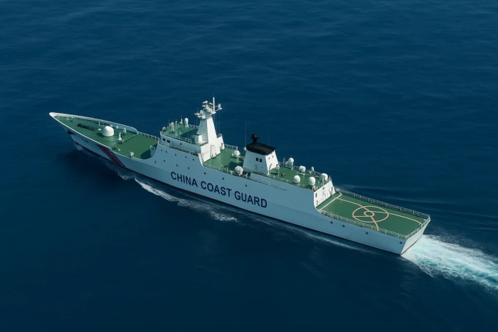 Imagen ilustrativa de un buque guardacostas chino navegando sobre aguas azules