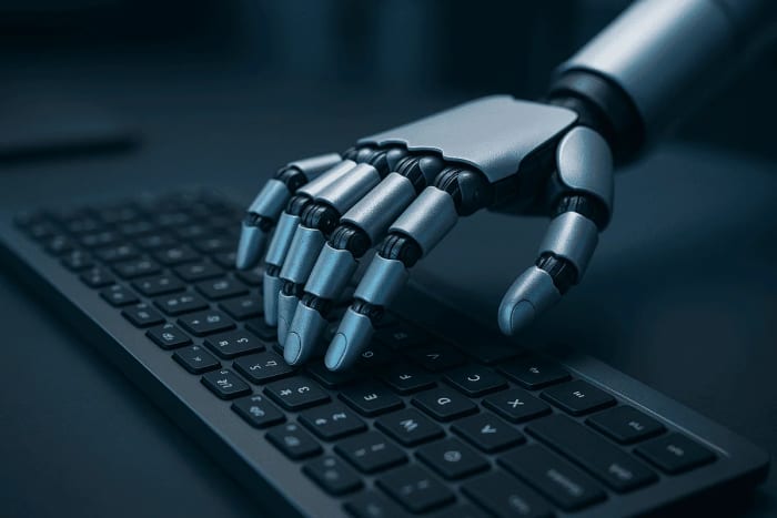 Ilustración digital horizontal que muestra una mano robótica extendida sobre un teclado de ordenador