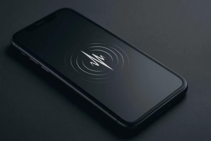 Teléfono inteligente moderno sobre fondo oscuro con un símbolo luminoso de ondas sísmicas en la pantalla