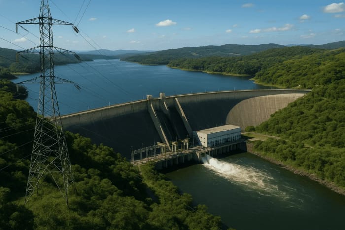 Central hidroeléctrica realista en Brasil, con una gran presa y estructuras de hormigón rodeadas de vegetación tropical