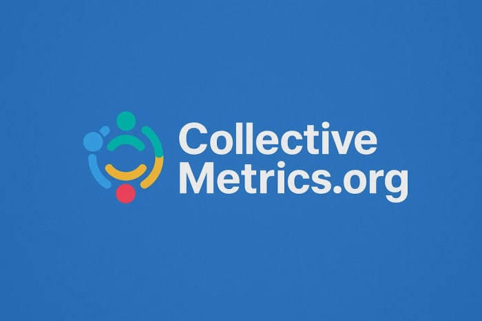 Logotipo de CollectiveMetrics.org con figuras circulares de colores azul, verde, amarillo y rojo sobre un fondo azul moderno