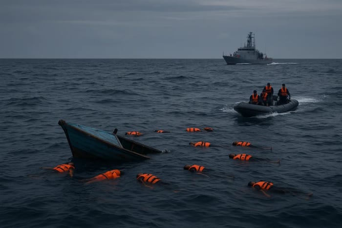 Lancha de rescate junto a un bote semihundido en el mar con chalecos salvavidas flotando