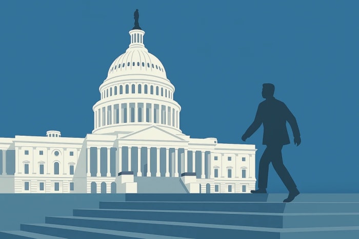 Ilustración del Capitolio de Estados Unidos con una figura subiendo las escaleras
