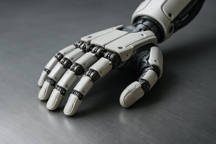 Mano robótica metálica apoyada sobre una superficie de acero