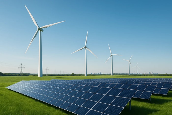 Campo europeo con paneles solares y aerogeneradores bajo un cielo despejado