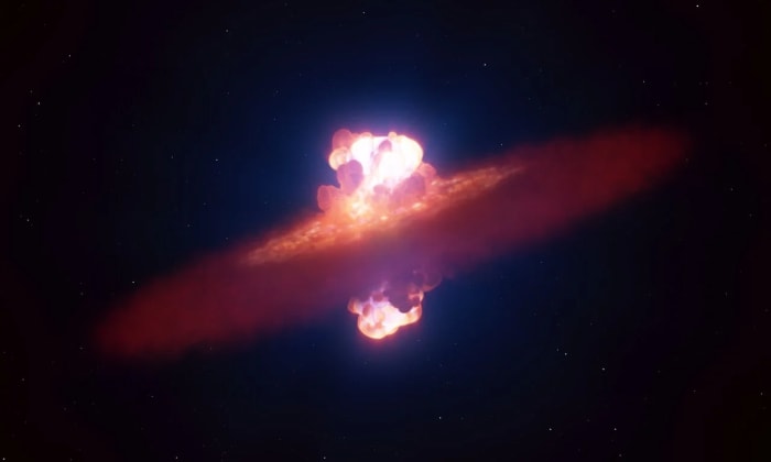 Ilustración de la supernova SN 2024ggi en la galaxia NGC 3621, mostrando una explosión con forma alargada similar a una aceituna